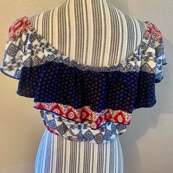 Topia Crop Top Med Ruffled Flutter Sleeves Red White Navy Blue Boho Off Shoulder - Picture 8 of 13